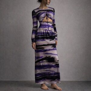 Silk Maison Purple Black Abstract Cutout Maxi Dress Small